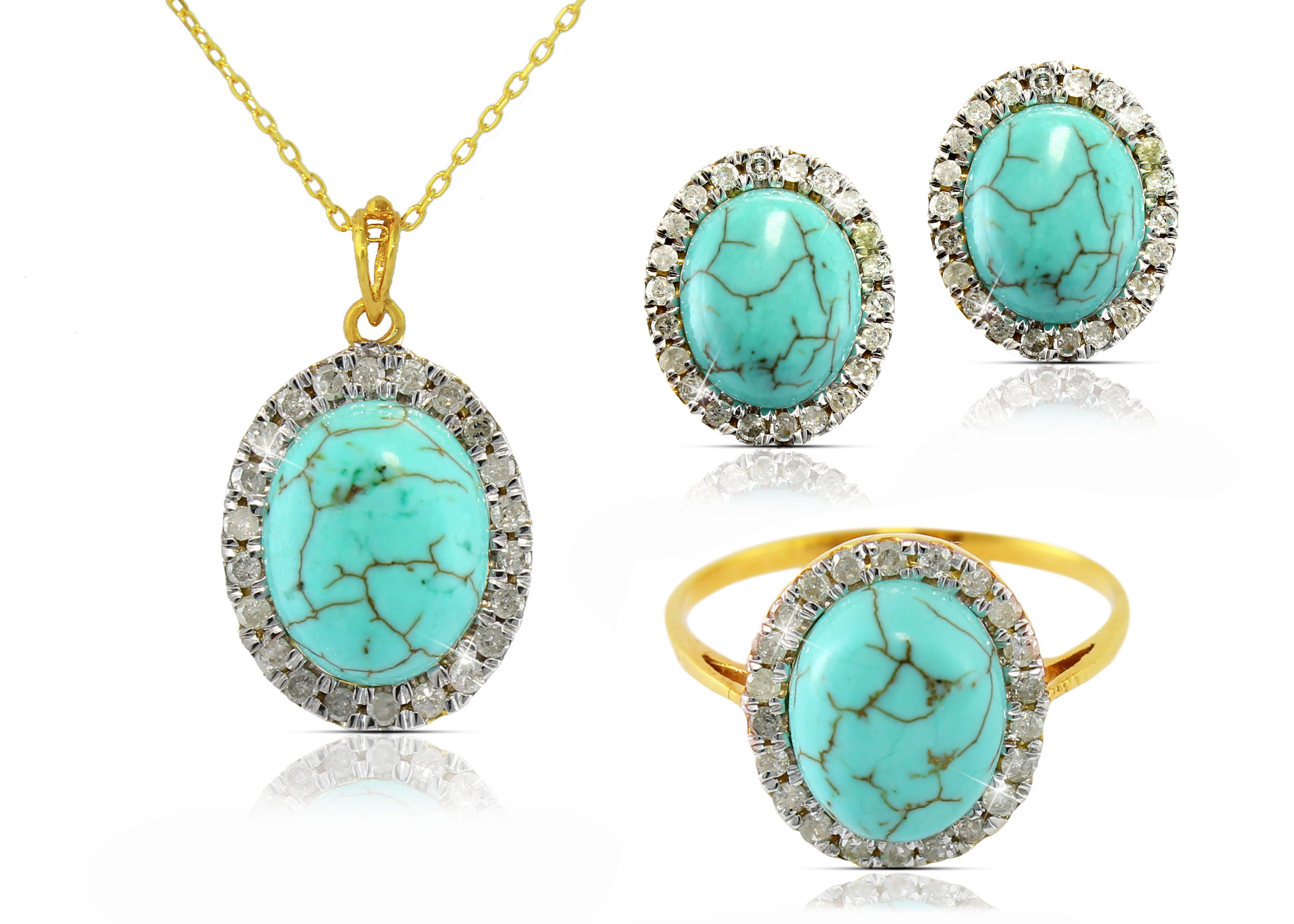  Vera Perla 10k  Gold 10mm Genuine Oval  Cut Turqoises 0.88Ct Genuine Diamonds Jewelry Set